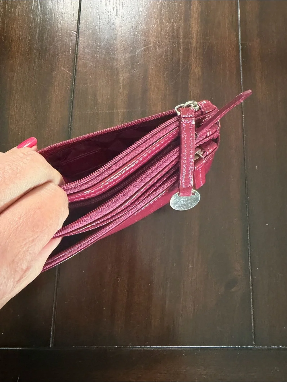 Furla Glossy Patent Zip Wallet in Deep Raspberry